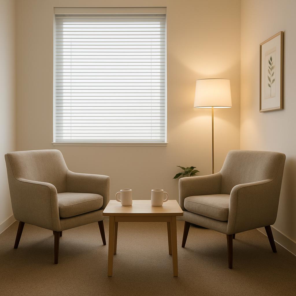 therapy session room with two comfortable chairs, a small table with ...